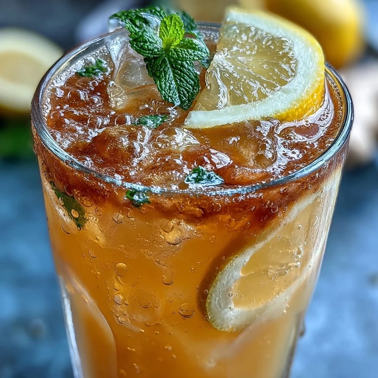 Vibrant ginger prebiotic lemonade featuring bright citrus slices and a sprig of mint, perfect for a gut-healthy summer drink.
