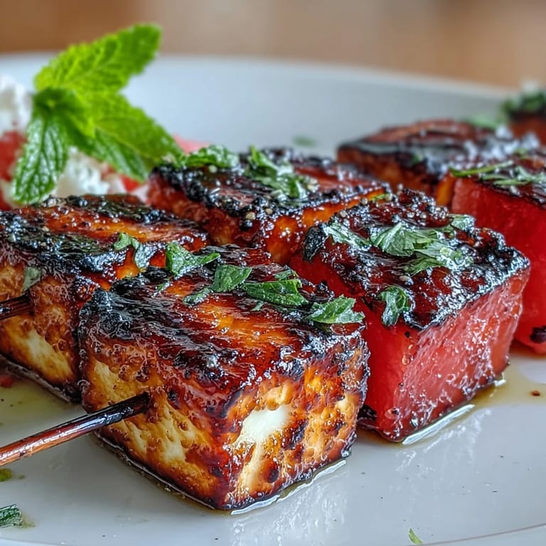 Tasty grilled halloumi skewers with cooling watermelon and fresh mint.