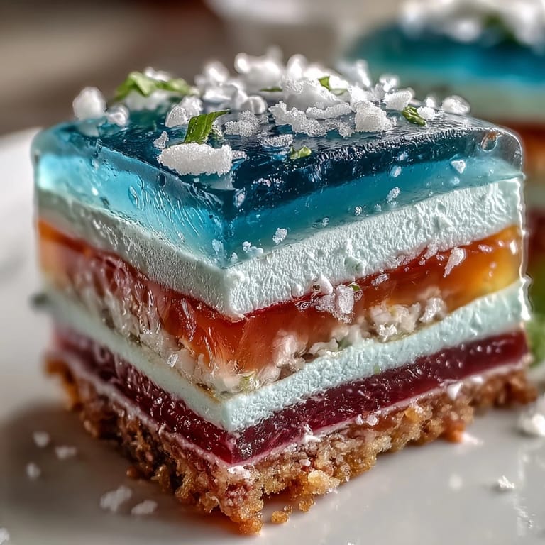 Silky Rainbow Jelly Cake showcasing vibrant colors finished with a luscious coconut cream.