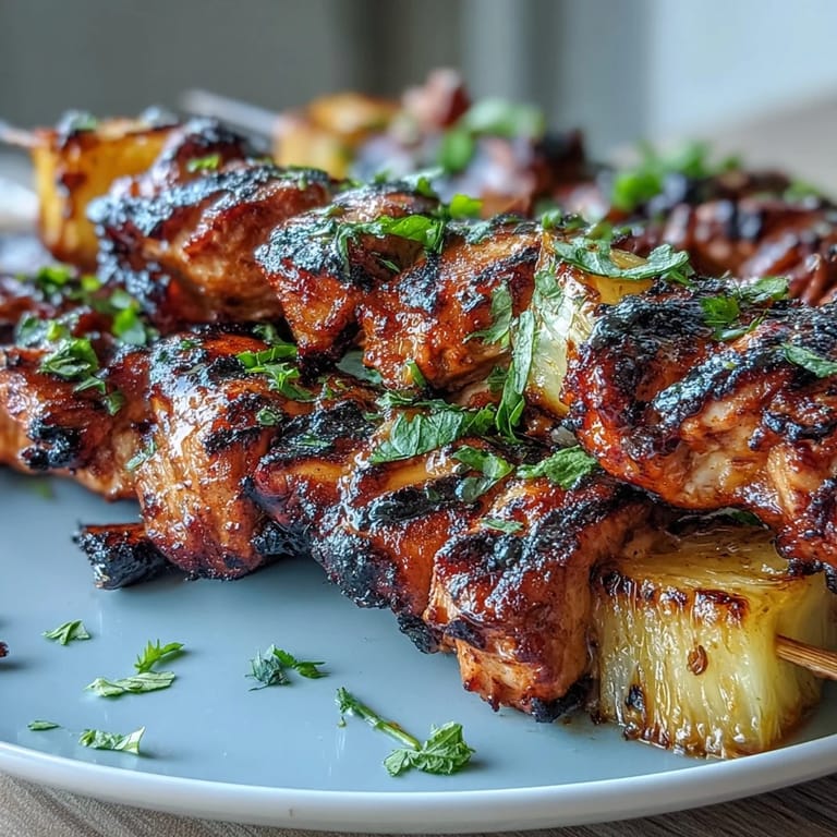 Perfectly charred al pastor skewers with pineapple, ready to be enjoyed with fresh cilantro.