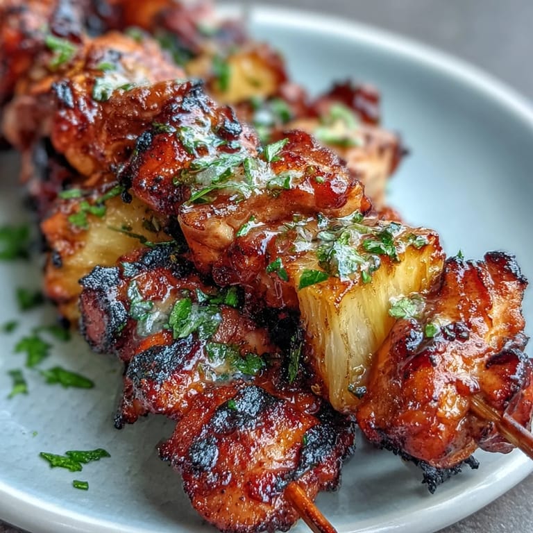 Delicious grilled chicken al pastor skewers piled high, a sweet and savory tropical delight.