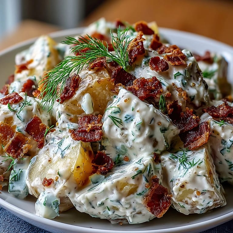 Vibrant Memorial Day Potato Salad, showcasing dill and savory crumbled bacon topping.