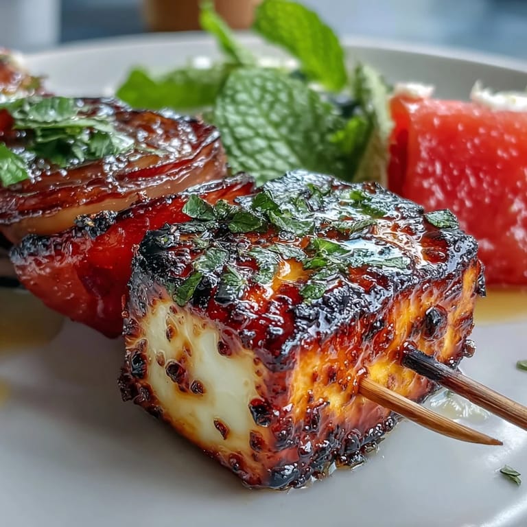 Golden halloumi cheese and sweet watermelon skewers, perfect for grilling.