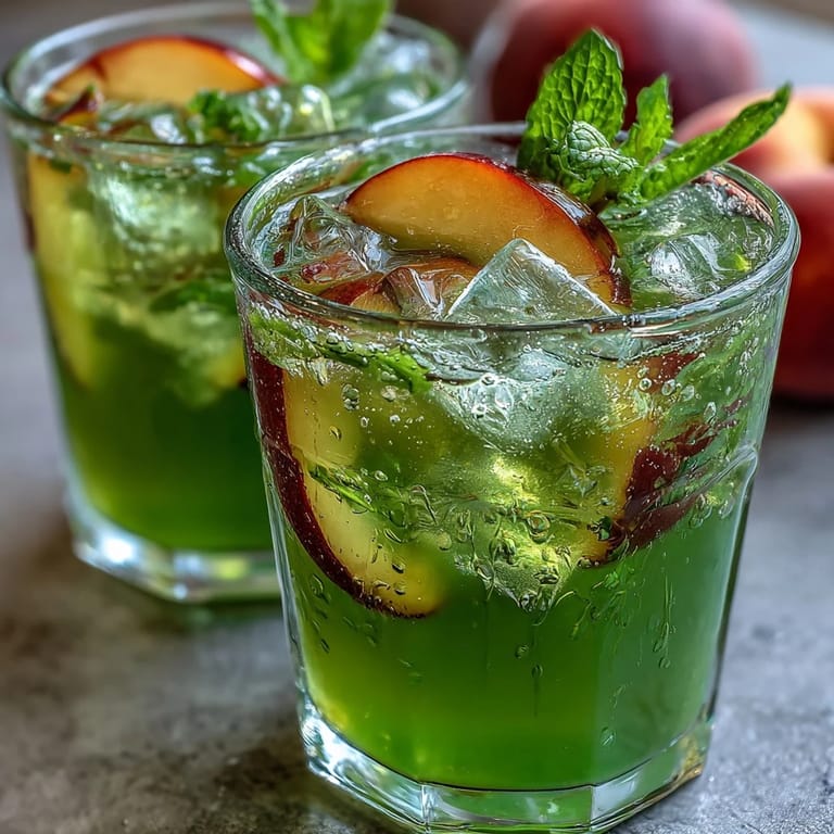 Cooling Iced Peach Green Tea Lemonade garnished with fresh fruit.