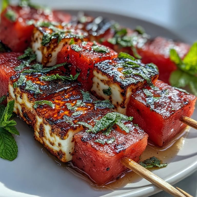 Summer's best: grilled halloumi and watermelon skewers with a fresh mint drizzle.