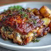 Herb-roasted chicken thighs with carrots and potatoes, golden and crispy, served on a sheet pan for easy cleanup.  