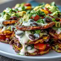 Crispy baked sweet potato nachos topped with black beans and creamy cashew queso for a vibrant vegan appetizer.  