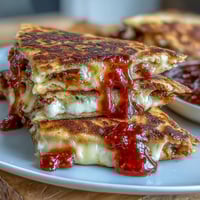 Chilli Jam & Goat Cheese Quesadilla with golden crispy tortilla and melted tangy goat cheese filling.  