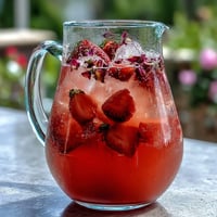 A vibrant pitcher of strawberry rose lemonade with fresh strawberry slices and lemon wheels, perfect for a sunny garden party.