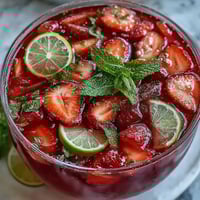 Vibrant strawberry daiquiri punch bowl filled with fresh strawberries, lime slices, and mint, perfect for spring celebrations.