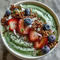 A creamy matcha yogurt smoothie bowl topped with fresh berries, crunchy granola, and chia seeds for a vibrant breakfast.