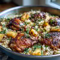 Vibrant One-Pan Pineapple Chicken and Rice Bake with juicy chicken, sweet pineapple, and colorful bell peppers, baked to perfection for a tropical-inspired family dinner.