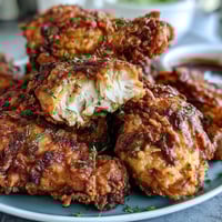 Crispy Southern Fried Chicken with Honey Butter Biscuits on a rustic wooden table, golden crust glistening beside warm flaky biscuits drizzled with honey butter.