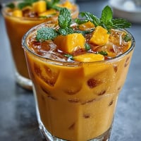 A vibrant pitcher of mango peach iced tea with fresh mint, garnished with fruit slices and ice cubes.
