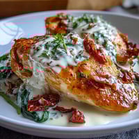 Creamy Tuscan Chicken Skillet with golden seared chicken in rich garlic cream sauce and sun-dried tomatoes.