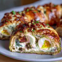 Festive Easter savory pie with hard-boiled eggs and ham, showcasing golden puff pastry and a creamy ricotta filling.  
