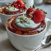 Dubai Chocolate Strawberry Cups with Kataifi and Pistachio Cream, a decadent dessert with crisp golden kataifi cups filled with rich dark chocolate and luscious pistachio cream, topped with fresh strawberries.