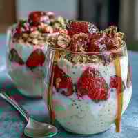 Creamy strawberry overnight oats with chia seeds and granola, topped with fresh berries for a vibrant, healthy breakfast.