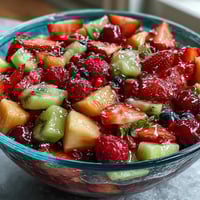 A vibrant bowl of strawberry lemonade fruit salad with juicy berries, sweet pineapple, and zesty lemonade dressing.