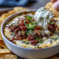 Festive Cinco de Mayo Loaded Queso Dip with spicy chorizo and fresh pico de gallo served with crispy tortilla chips.