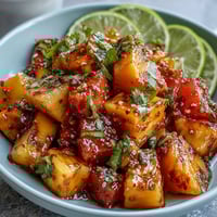Vibrant mango fruit cups with lime and chili, a refreshing tropical snack perfect for summer days.