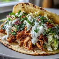 Crispy roasted chicken cabbage tacos with zesty lemon crema and vibrant cabbage slaw in warm tortillas.  