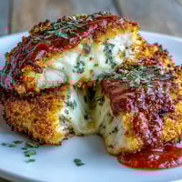 Crispy air fryer chicken Parmesan with golden breading, melted mozzarella, and savory marinara sauce.  