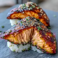 Grilled salmon onigiri with crispy rice and tender fish filling, perfect for a savory snack or light meal.