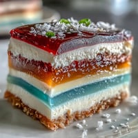 Vibrant Rainbow Jelly Cake with creamy coconut topping, visually stunning dessert.