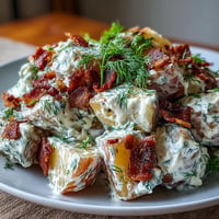 Memorial Day Potato Salad with smoky bacon, fresh dill, perfect for picnics.