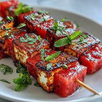 Grilled halloumi and watermelon skewers with mint, showcasing charred cubes.